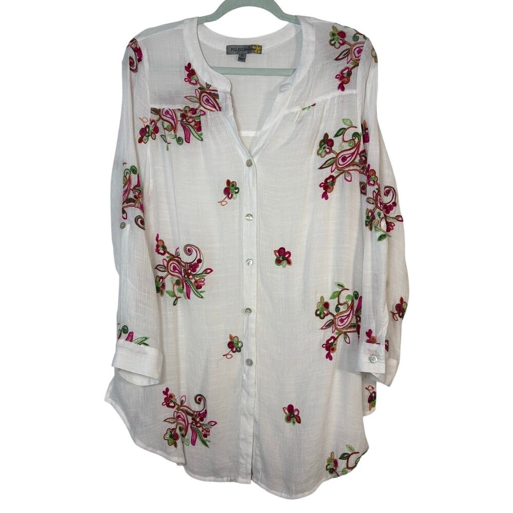 Figueroa & Flower White Embroidered Floral Button Down Blouse Boho Plus Size 1X